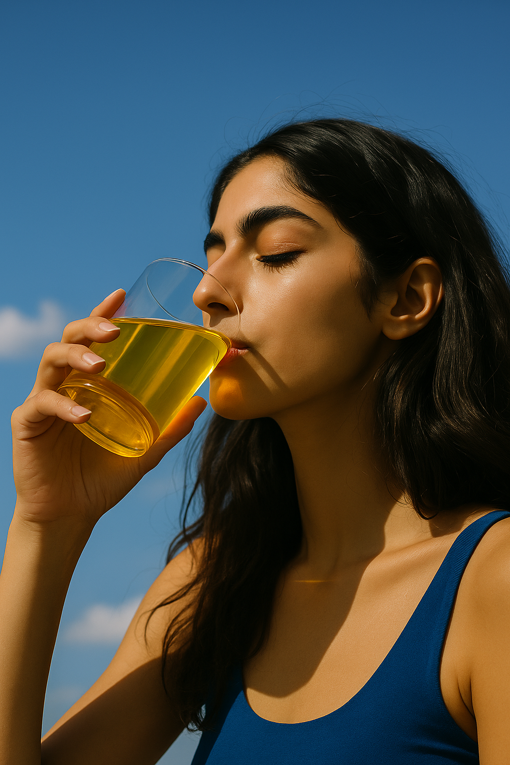 Woman drinking Amali Euphoric Energy - Golden drink against blue sky